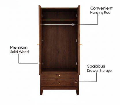 Suryavanshi Sheesham Wood Wardrobe with Cane & Brass Accent (Teak Finish)