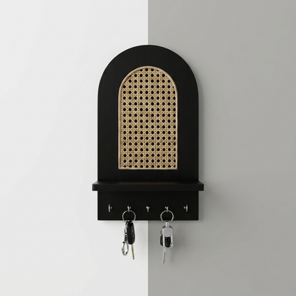 Suryavanshi Wooden Wall Mounted Key Holder with Shelf | Rattan Cane Design Key Organizer