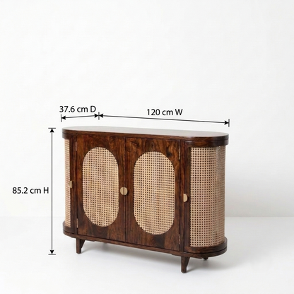 Westwood Arched Cane & Sheesham Wood Sideboard Cabinet – Mid-Century Modern Designer Storage Console