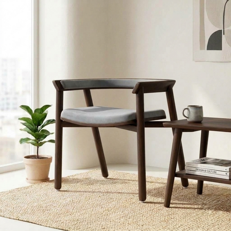 Sheesham Wood Armchair with Grey Cushioned Seat & Backrest - Modern Mid-Century Accent Chair
