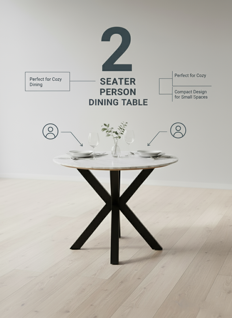 Uniq Round Marble Dining Table with Metal Base – Modern 2 Seater Table for Dining Room & Kitchen