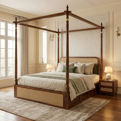 Windsor Sheesham Wood Poster Bed with Cane Panel Headboard & Footboard