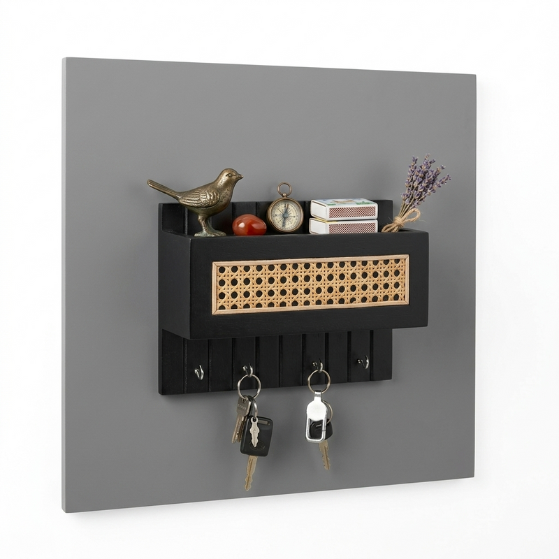 Suryavanshi Wooden Wall Mounted Key Holder with Storage Shelf | Rattan Cane Key Organizer
