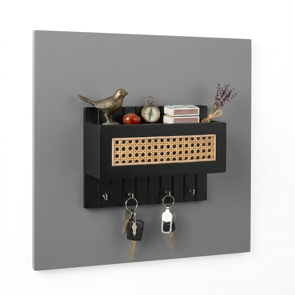 Suryavanshi Wooden Wall Mounted Key Holder with Storage Shelf | Rattan Cane Key Organizer