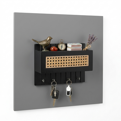 Suryavanshi Wooden Wall Mounted Key Holder with Storage Shelf | Rattan Cane Key Organizer