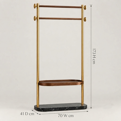 Verona - Metal & Mengo Wood Garment Rack with Marble Base and Wooden Shelf
