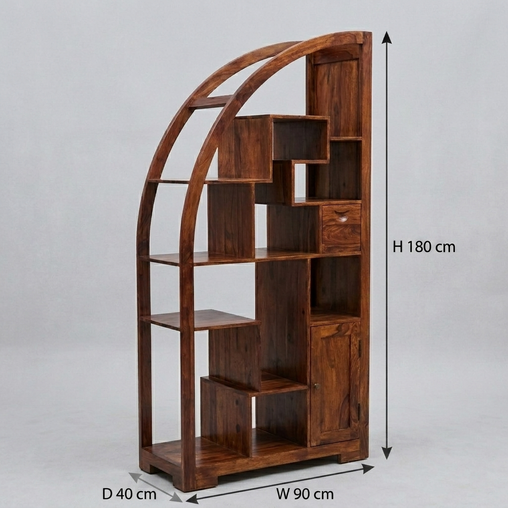 Suryavanshi Sheesham Wood Book Rack – 1 Door, 1 Drawer, Half Round Shape (Semicurcular, W90 D40 H180 cm)