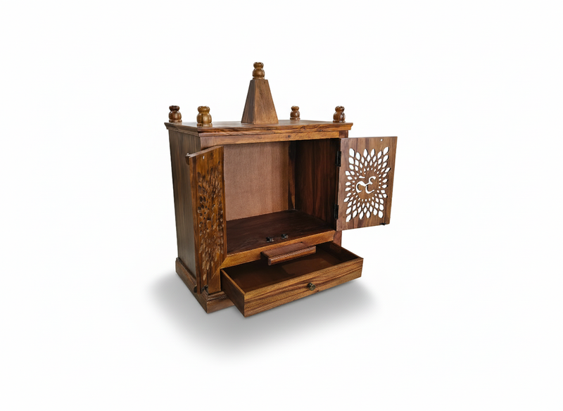 Sheesham Wood Pooja Mandir with Om Carving & Storage Drawers With Diya Stand