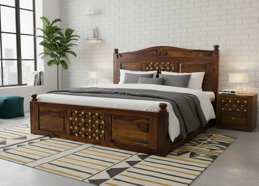 Bakhra Sheesham Wood King Size Bed with Brass Work – Handcrafted Solid Wood Bed - 6*6.5 Foot