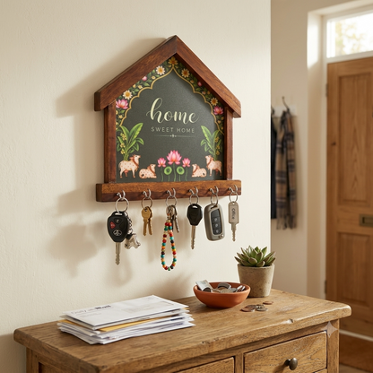 Solid Mango Wood this product is a wooden house-shaped key holder with decorative home signage, Name Plates & Key Holders.