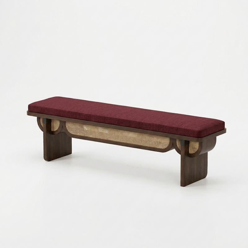 Sheesham Wood Designer Cane Bench with Maroon Upholstered Seat
