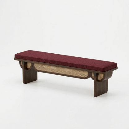 Sheesham Wood Designer Cane Bench with Maroon Upholstered Seat