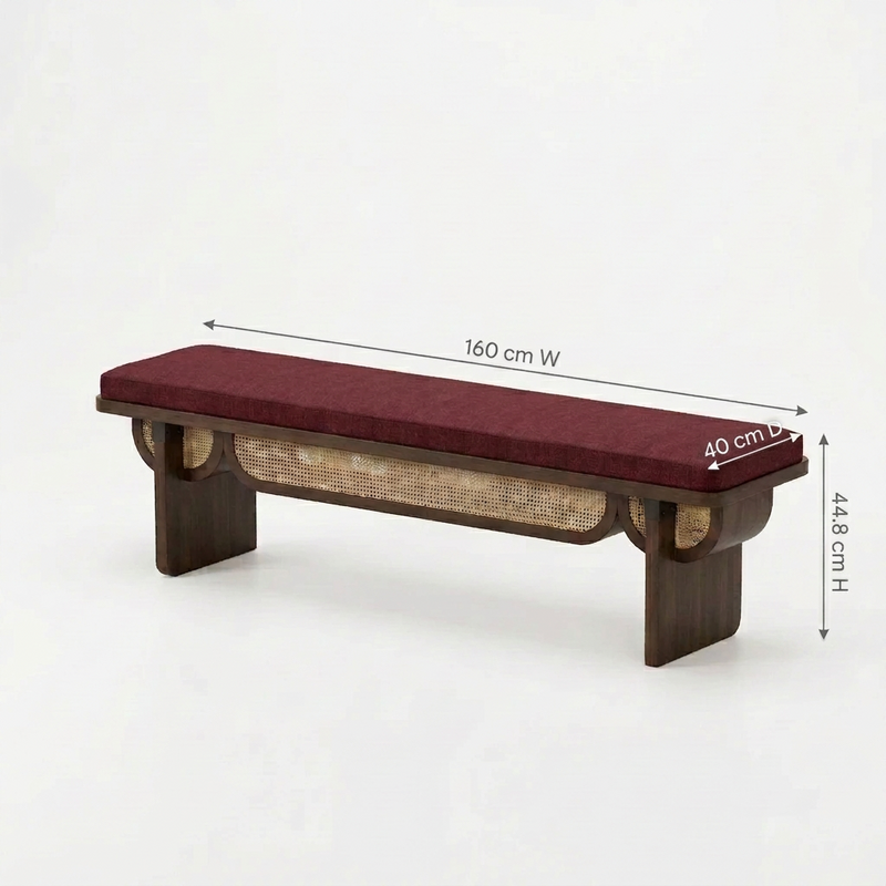 Sheesham Wood Designer Cane Bench with Maroon Upholstered Seat