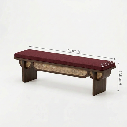 Sheesham Wood Designer Cane Bench with Maroon Upholstered Seat