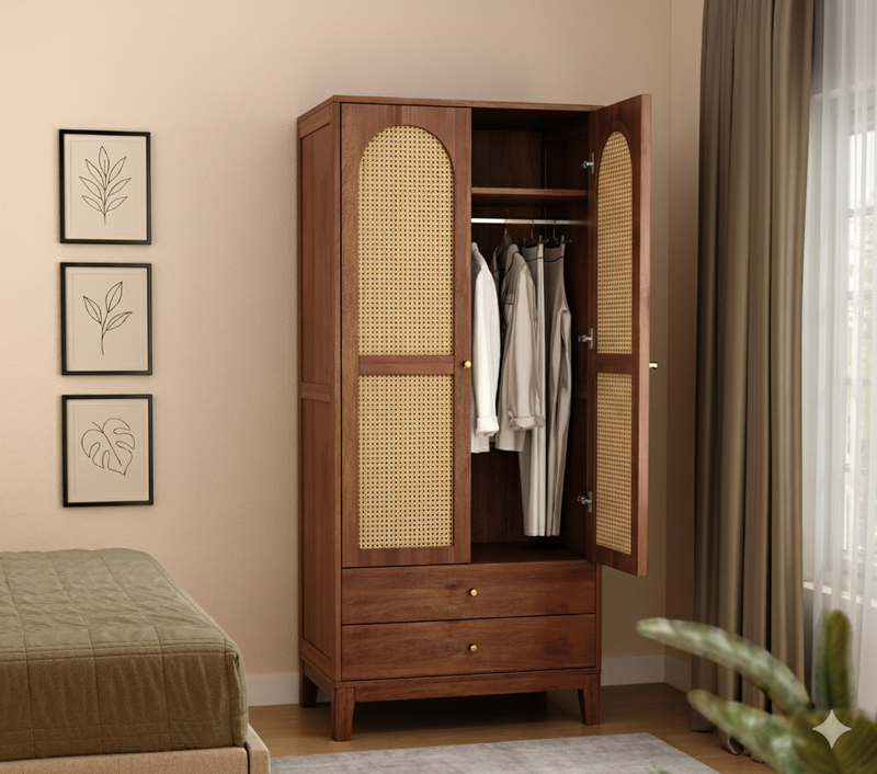 Suryavanshi Sheesham Wood Wardrobe with Cane & Brass Accent (Teak Finish)
