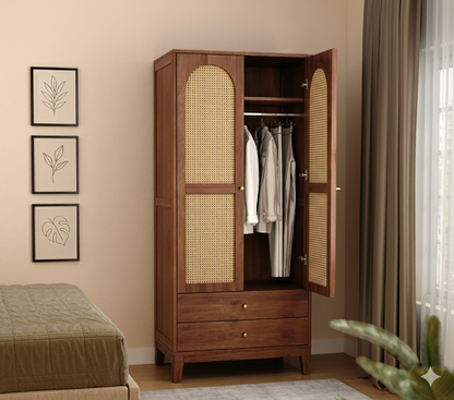 Suryavanshi Sheesham Wood Wardrobe with Cane & Brass Accent (Teak Finish)