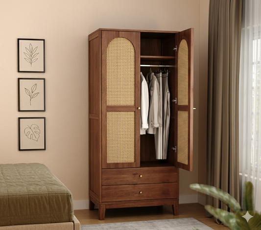 Suryavanshi Sheesham Wood Wardrobe with Cane & Brass Accent (Teak Finish)