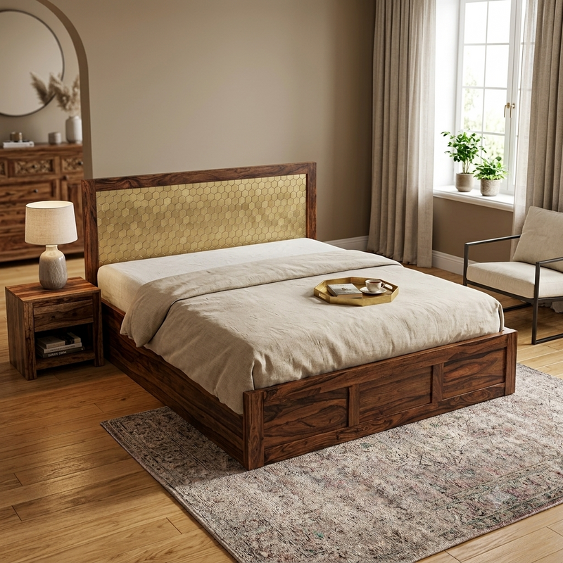 Suryavanshi Solid Sheesham Wood Storage Bed with Hydraulic Lift & Manual
