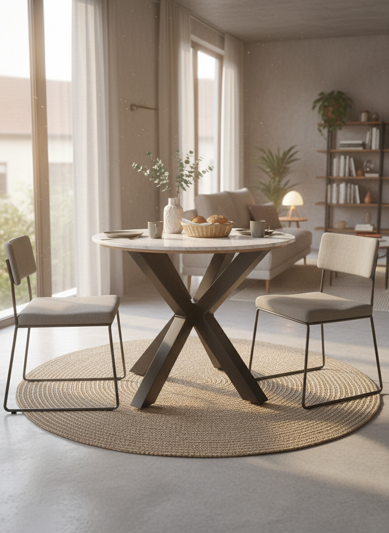 Uniq Round Marble Dining Table with Metal Base – Modern 2 Seater Table for Dining Room & Kitchen
