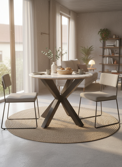 Uniq Round Marble Dining Table with Metal Base – Modern 2 Seater Table for Dining Room & Kitchen