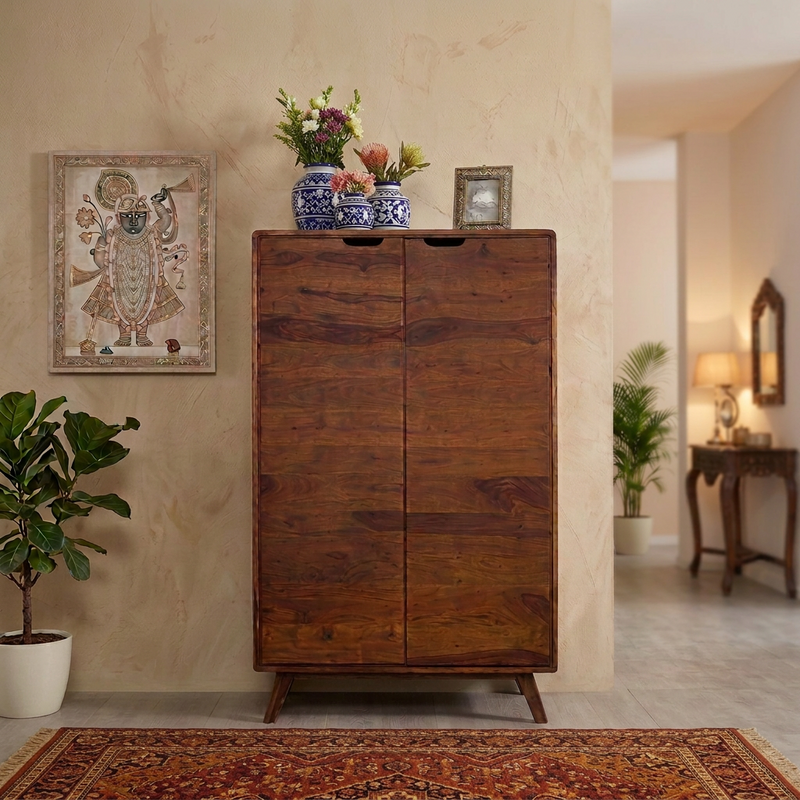 Sheesham Wood Storage Cabinet with Double Doors with six shelves inside in Honey Finish
