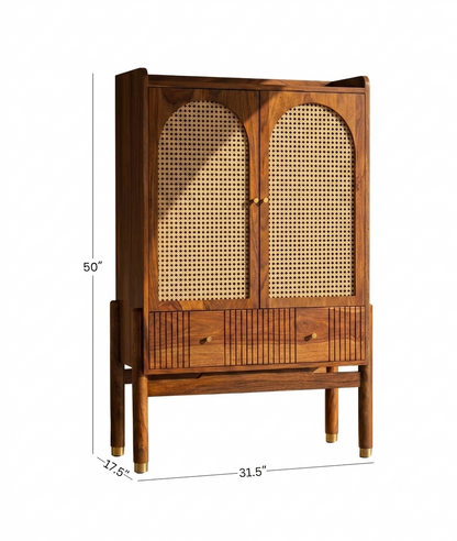 Suryavanshi Sheesham Wood Bar Cabinet with Natural Rattan Cane Doors, Brass Knobs & Brass-Capped Legs
