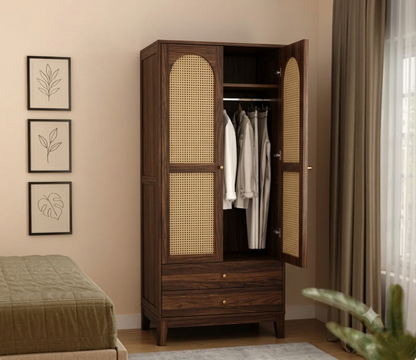 Suryavanshi Sheesham Wood Wardrobe with Cane & Brass Accent (Teak Finish)