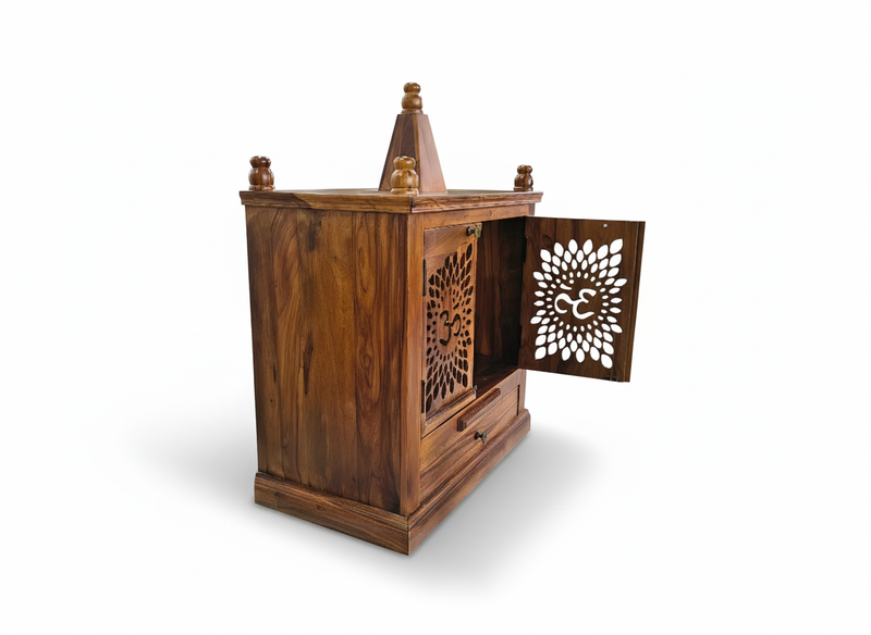 Sheesham Wood Pooja Mandir with Om Carving & Storage Drawers With Diya Stand