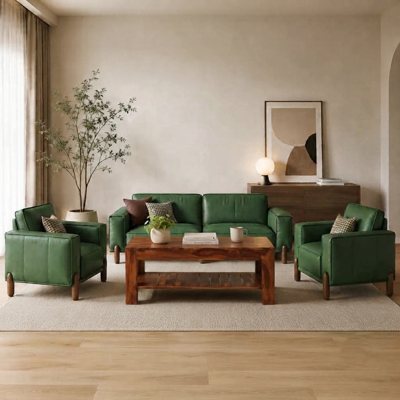 Emerald Luxe Pu Leather Olive Green Sofa – Modern Couch with Solid Wood