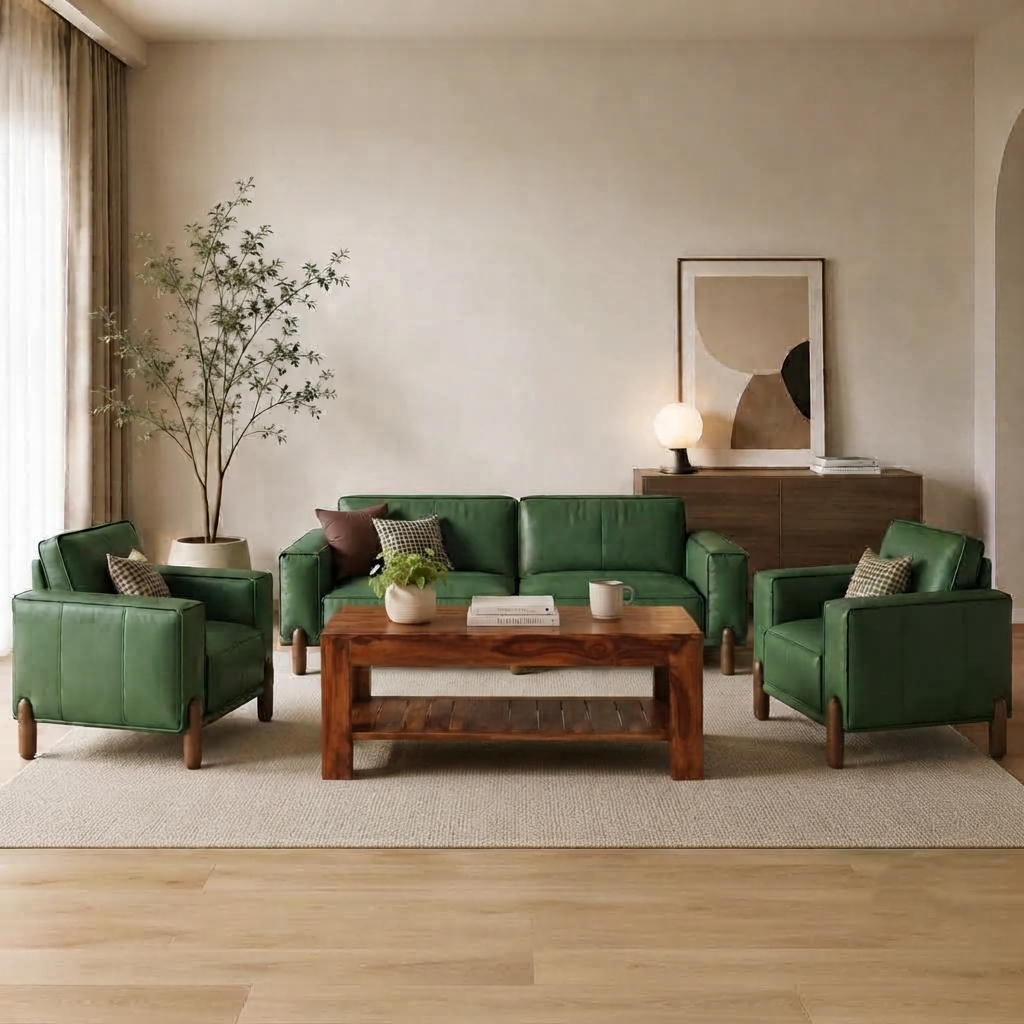 Emerald Luxe Pu Leather Olive Green Sofa – Modern Couch with Solid Wood