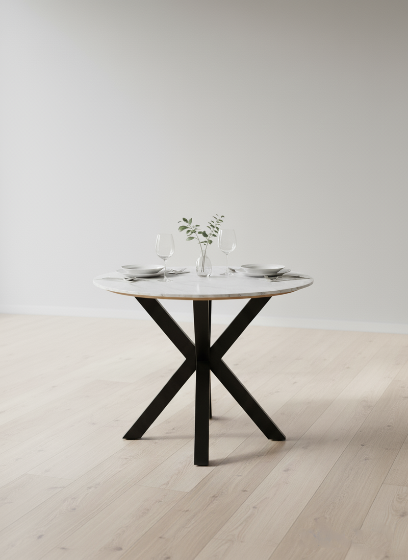 Uniq Round Marble Dining Table with Metal Base – Modern 2 Seater Table for Dining Room & Kitchen