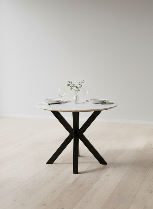 Uniq Round Marble Dining Table with Metal Base – Modern 2 Seater Table for Dining Room & Kitchen