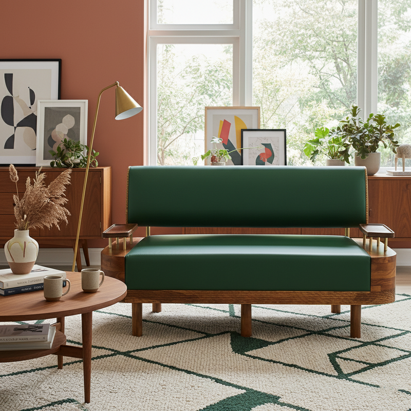 Verdant Luxe Mid-Century Sofa – Solid Sheesham Wood Frame with Sea Green Upholstery (Customized fabric available)