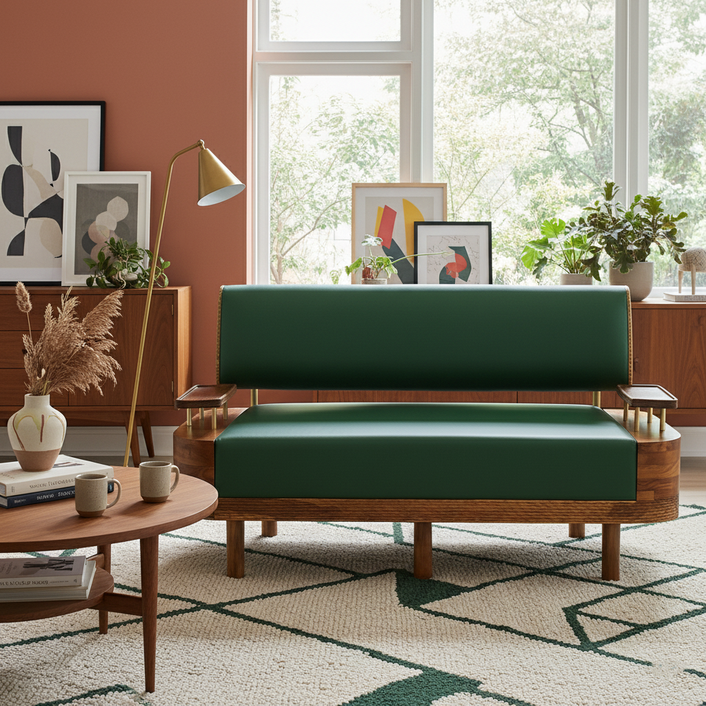 Verdant Luxe Mid-Century Sofa – Solid Sheesham Wood Frame with Olive Green Leather (Customized fabric available)