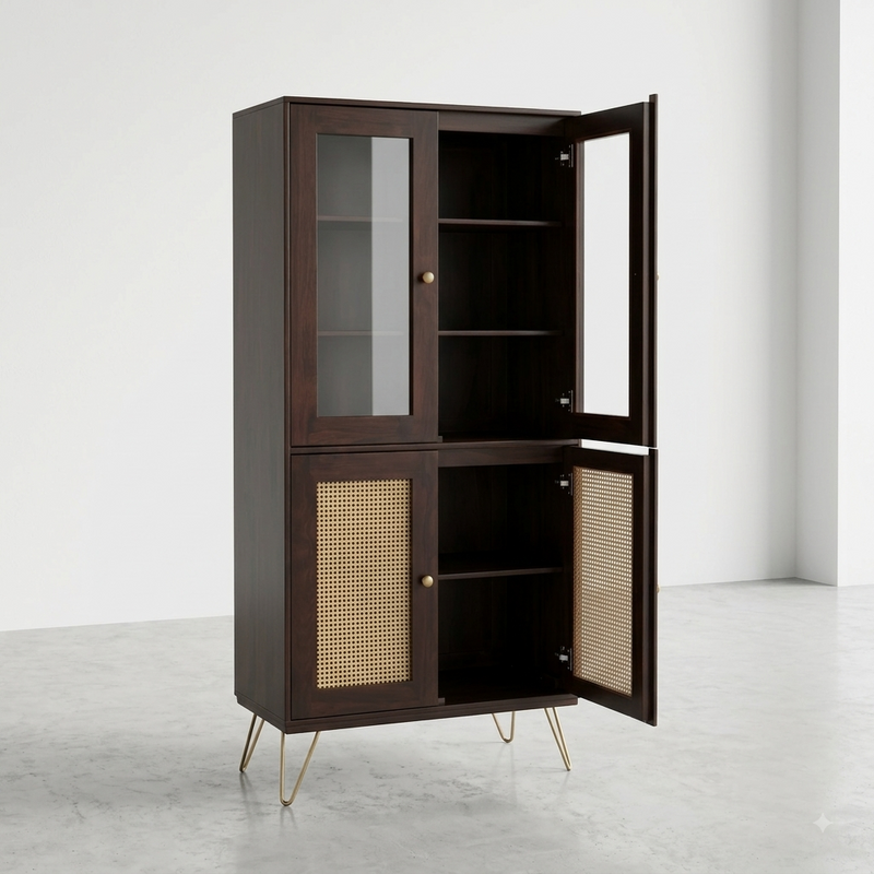 Nay-7 Sheesham Wood 4 Door Soft Closed Shelves Storage Kitchen Cabinet