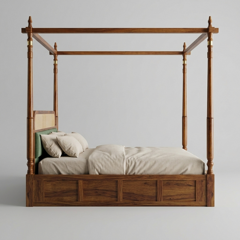 Windsor Sheesham Wood Poster Bed with Cane Panel Headboard & Footboard