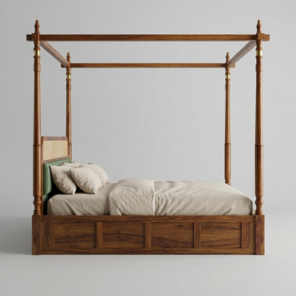 Windsor Sheesham Wood Poster Bed with Cane Panel Headboard & Footboard