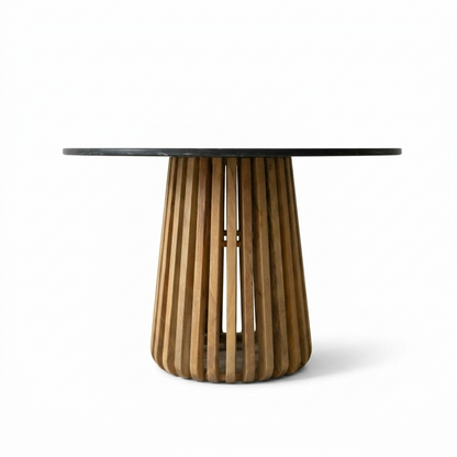 Suryavanshi - Bristol Round Black Marble Dining Table with Wooden Slatted Pedestal Base