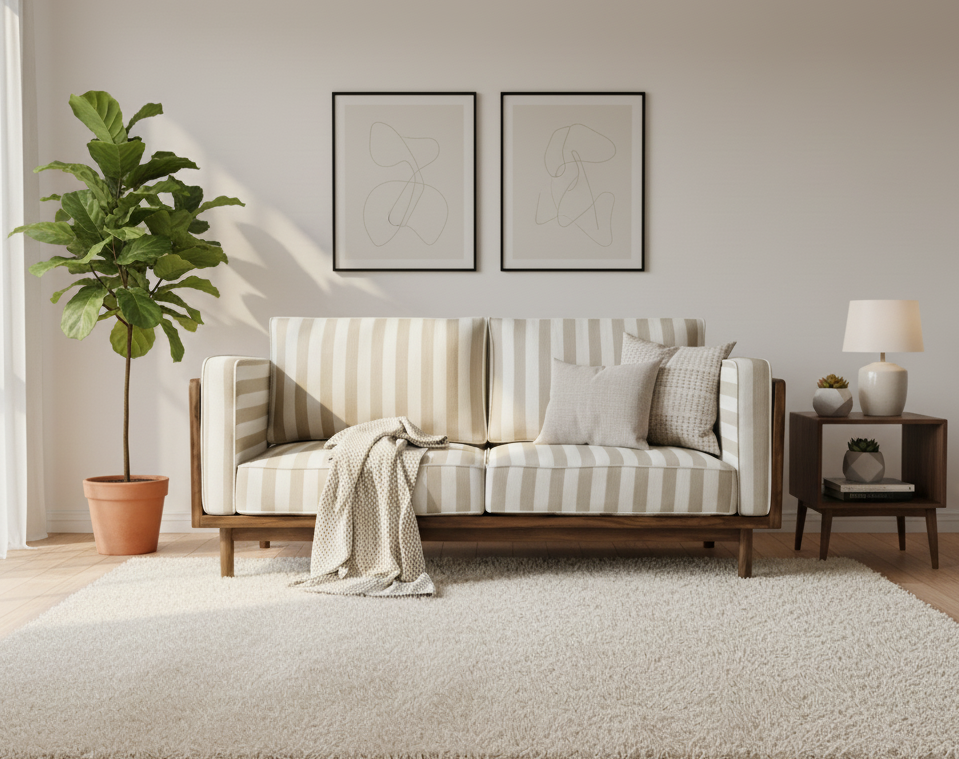 Linen Haze Striped Sofa Sheesham Wood 3 -Seater Sofa with Handwoven Cane Panel - Honey Finish