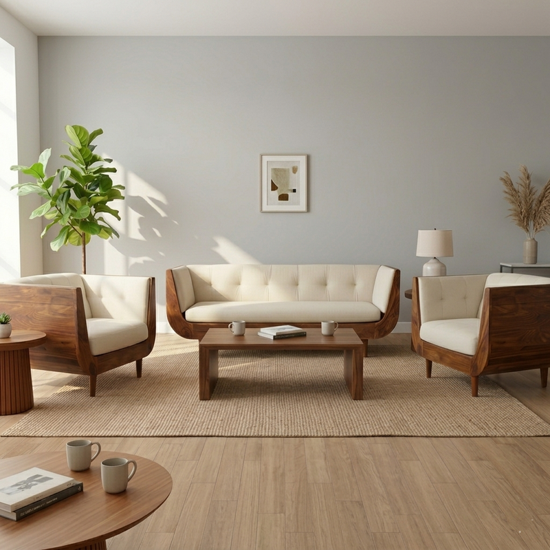 BOAT Sheesham Wood Sofa with Cream Velvet Upholstery - Sofa Set