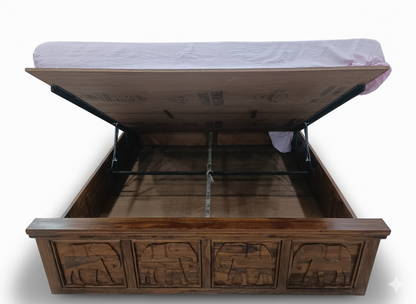 Elephant Carving Solid Sheesham Wood Bed With Box Storage (King Size, Honey Finish)