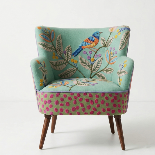 Urbanza Embroidered Solid Wood Lounge chair- Muted Teal