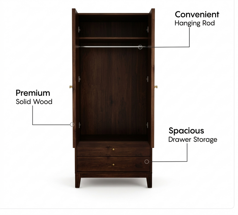 Suryavanshi Sheesham Wood Wardrobe with Cane & Brass Accent (Teak Finish)