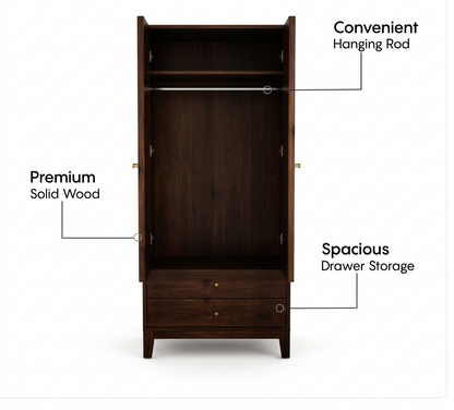 Suryavanshi Sheesham Wood Wardrobe with Cane & Brass Accent (Teak Finish)
