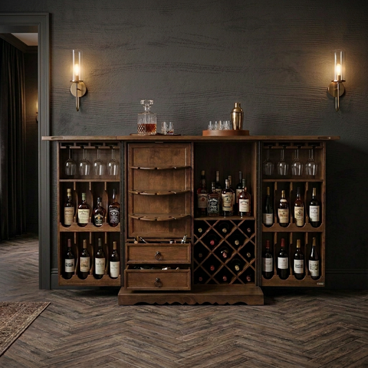 Ellington - Wooden Bar Cabinet with Fold-Out Wine Storage, Bottle Racks, Glass Holders & Storage Drawers