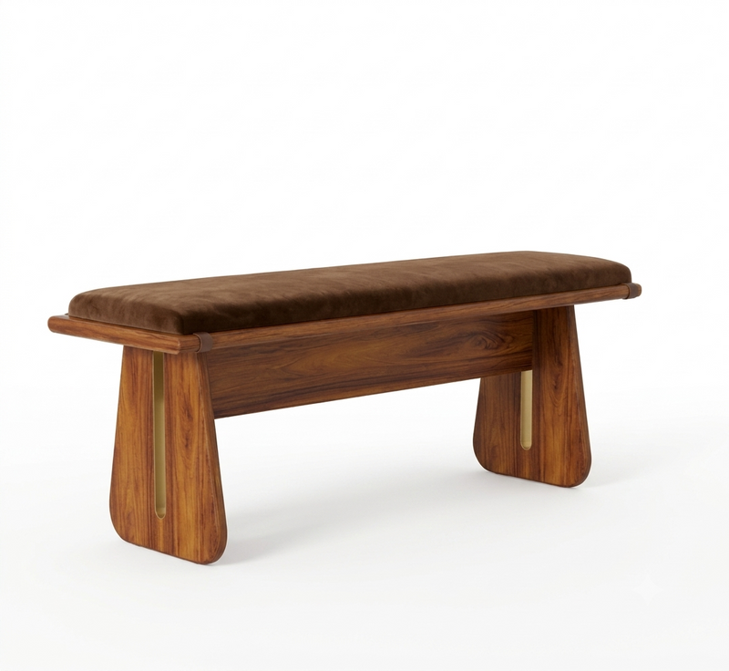 Sheesham Wood Bench with Brown Velvet Upholstered Seat