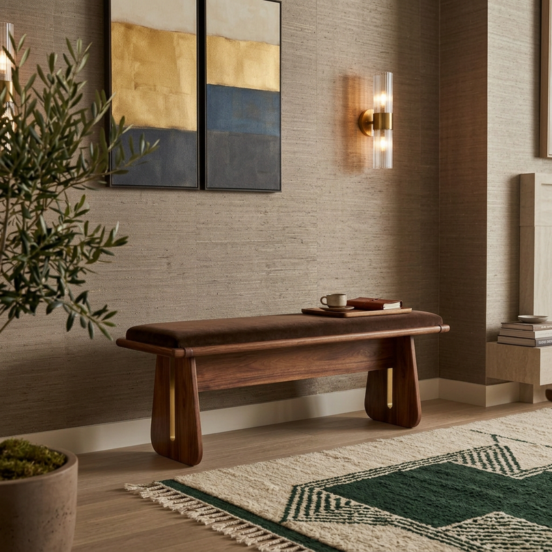 Sheesham Wood Bench with Brown Velvet Upholstered Seat