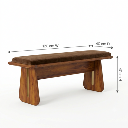 Sheesham Wood Bench with Brown Velvet Upholstered Seat