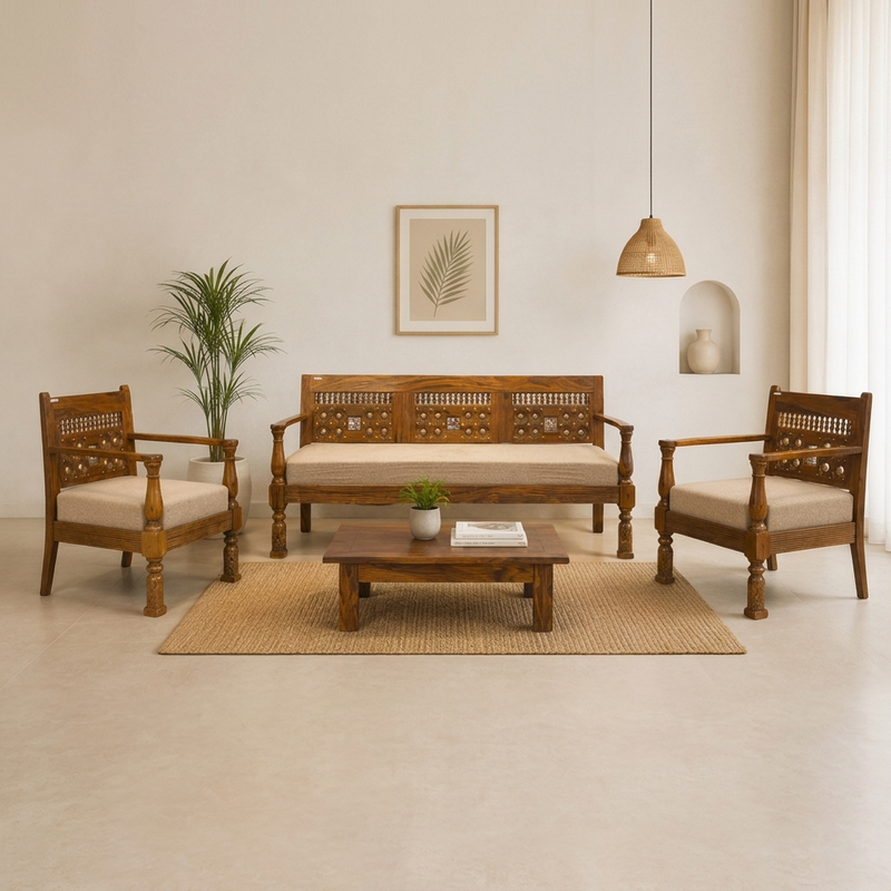 Suryavanshi Sheesham Wood Brass 5 Seater Sofa Set: Exquisite Craftsmanship and Comfort in One 3+1+1