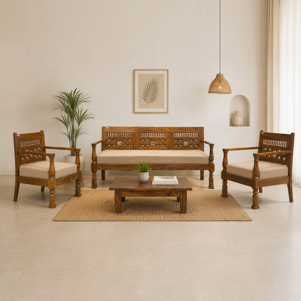 Suryavanshi Sheesham Wood Brass 5 Seater Sofa Set: Exquisite Craftsmanship and Comfort in One 3+1+1
